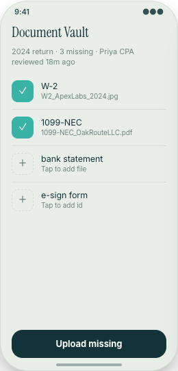 Accounting Firm & Tax Practice prototype screen showing Document Vault