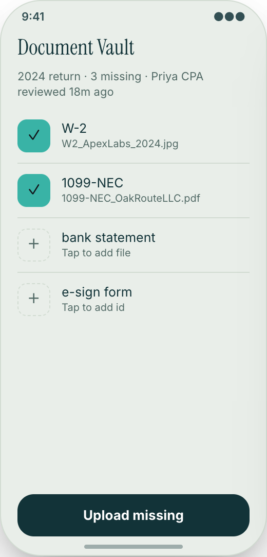 Accounting Firm & Tax Practice prototype showing Document Vault