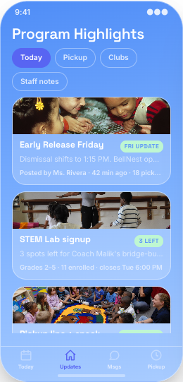 After-School Program prototype screen showing Pickup Plan