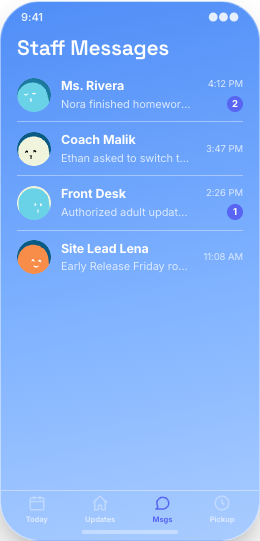 After-School Program prototype screen showing Authorized pickup notes