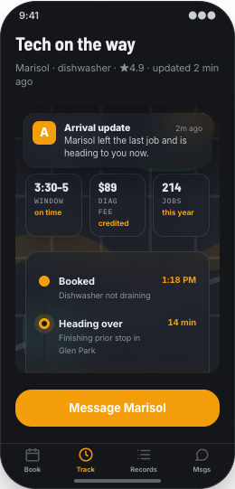 Appliance Repair Service prototype screen showing Appliance-specific repair requests