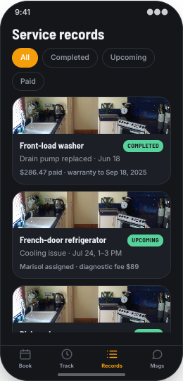 Appliance Repair Service prototype screen showing Visit Status