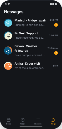 Appliance Repair Service prototype screen showing Messages