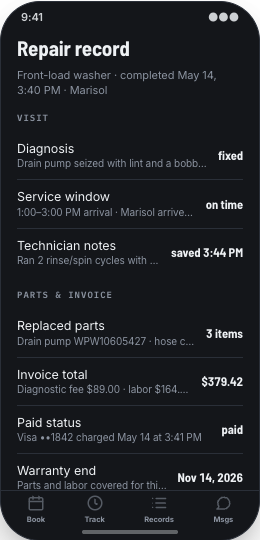 Appliance Repair Service prototype screen showing Service Records