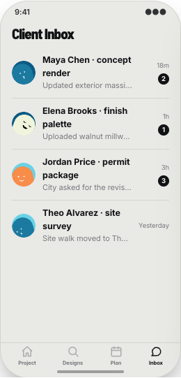 Architecture Firm prototype screen showing Client Inbox