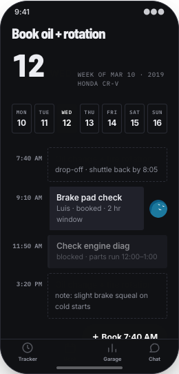 Auto Repair Shop prototype screen showing Book Service