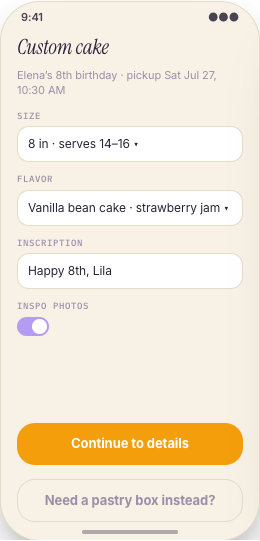 Bakery & Pastry Shop prototype screen showing My Orders
