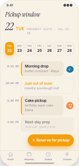 Bakery & Pastry Shop prototype screen showing Custom Cake requests