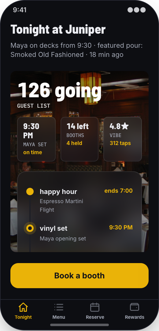 Bar & Cocktail Lounge prototype showing Tonight at Juniper