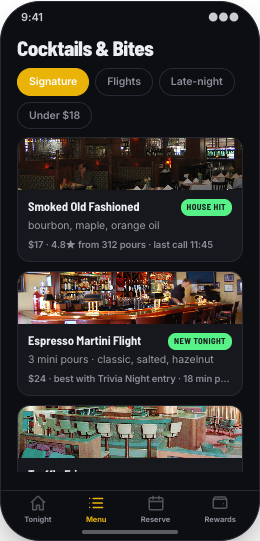 Bar & Cocktail Lounge prototype screen showing Cocktails & Bites