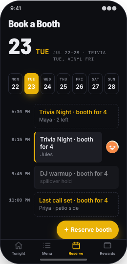 Bar & Cocktail Lounge prototype screen showing Book a Booth
