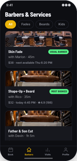 Barbershop prototype screen showing Barbers & Services