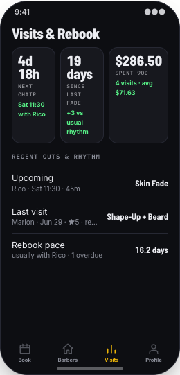 Barbershop prototype screen showing Usual barber rebooking