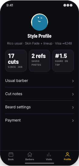 Barbershop prototype screen showing Visit details