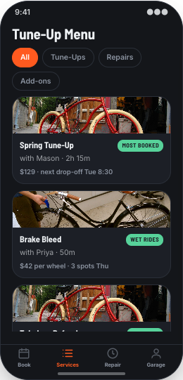 Bike Shop & Bicycle Repair prototype screen showing Tune-Up Menu
