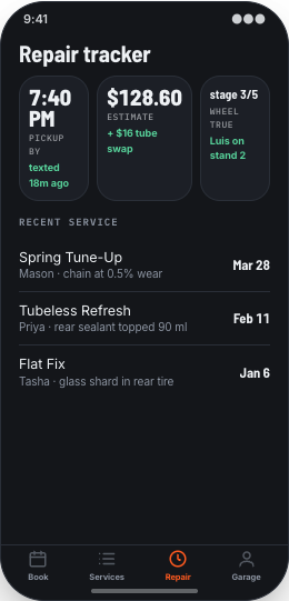 Bike Shop & Bicycle Repair prototype screen showing Repair Add-Ons