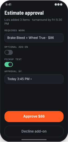 Bike Shop & Bicycle Repair prototype screen showing Estimate Approval