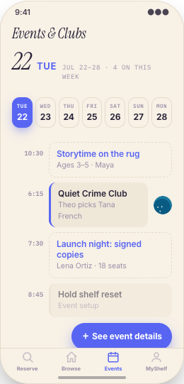 Independent Bookstore prototype screen showing Format, price, and pickup timing