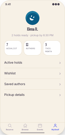 Independent Bookstore prototype screen showing Browse Shelves