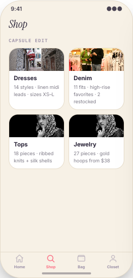 Boutique Clothing Store prototype screen showing Shop Collections
