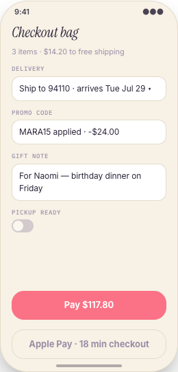 Boutique Clothing Store prototype screen showing Fit notes