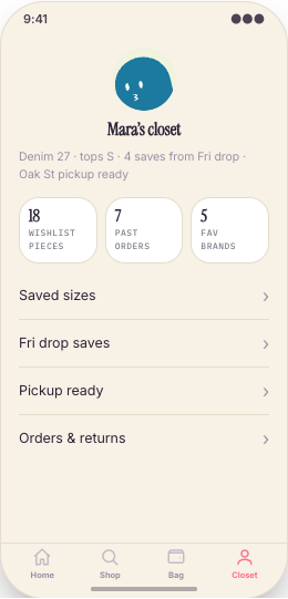 Boutique Clothing Store prototype screen showing Size and material details