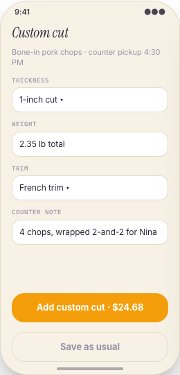 Butcher Shop prototype screen showing Custom Cut requests