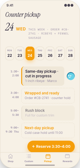 Butcher Shop prototype screen showing Pickup Slot booking