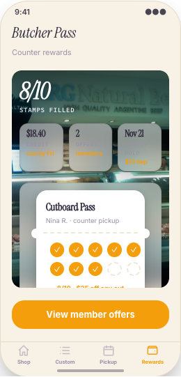 Butcher Shop prototype screen showing Order progress