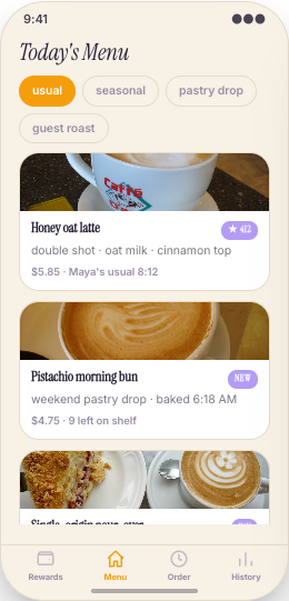 Cafe & Coffee Shop prototype screen showing Digital stamp card