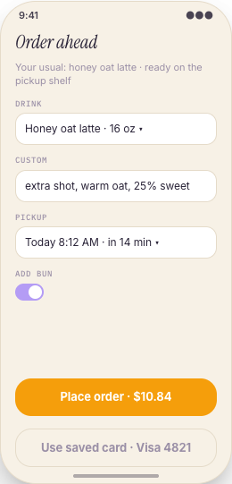 Cafe & Coffee Shop prototype screen showing Order Ahead