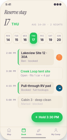 Campground & RV Park prototype screen showing Site details that answer real questions
