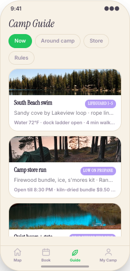 Campground & RV Park prototype screen showing Reserve Stay