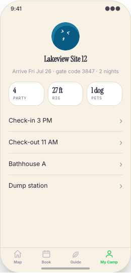 Campground & RV Park prototype screen showing Add-ons before arrival