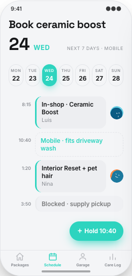 Car Detailing prototype screen showing Add-ons that match the job