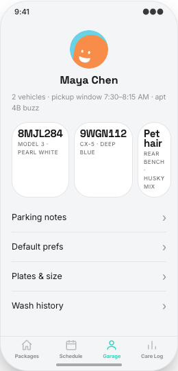 Car Detailing prototype screen showing Schedule screen