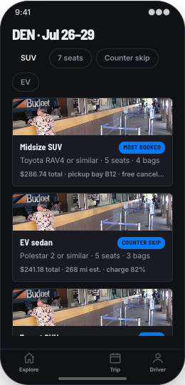 Car Rental Company prototype screen showing Live Fleet