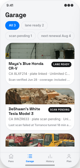 Car Wash Membership App prototype screen showing Garage
