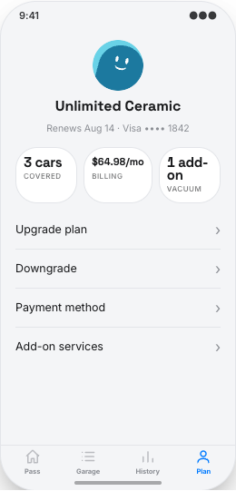 Car Wash Membership App prototype screen showing Wash History