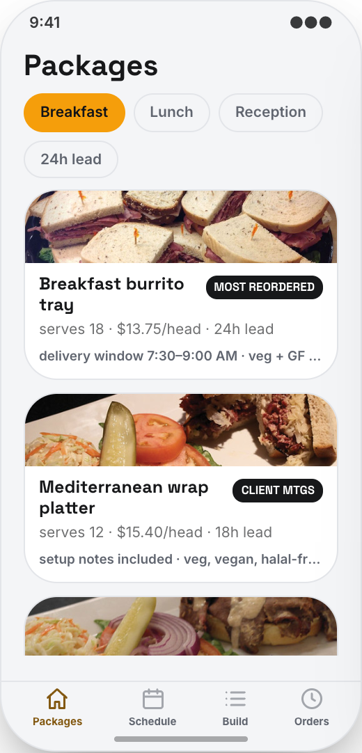 Office Catering Company prototype showing Event Planner