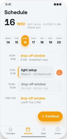 Office Catering Company prototype screen showing Recommended catering packages