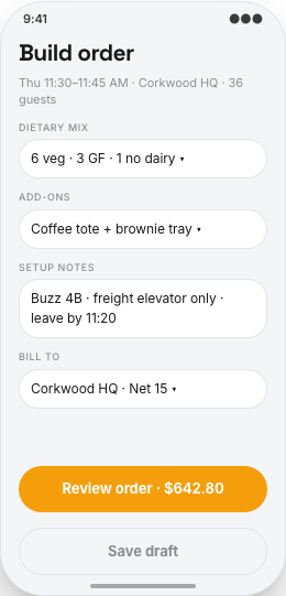 Office Catering Company prototype screen showing Compare by per-head price and lead time