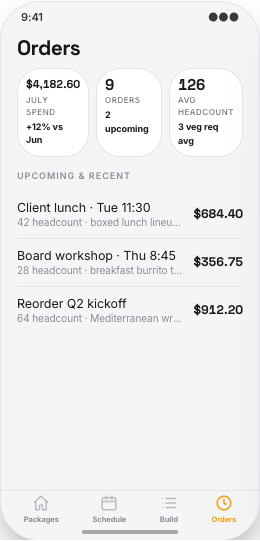 Office Catering Company prototype screen showing Dietary count matching