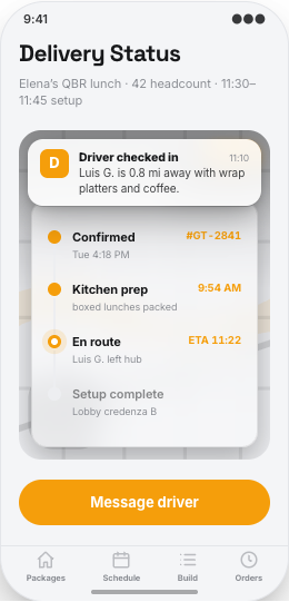Office Catering Company prototype screen showing Menus & Add-ons