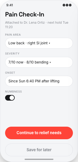 Chiropractic Clinic prototype screen showing Pain check-in before arrival