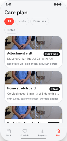 Chiropractic Clinic prototype screen showing Care plan in their pocket