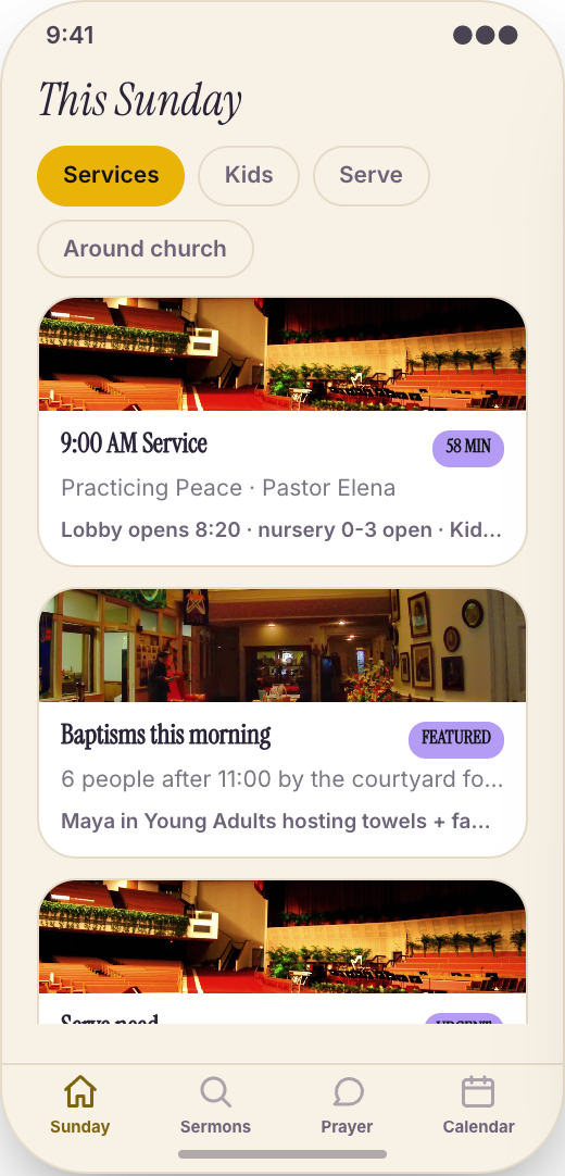 Church & Ministry prototype showing This Sunday