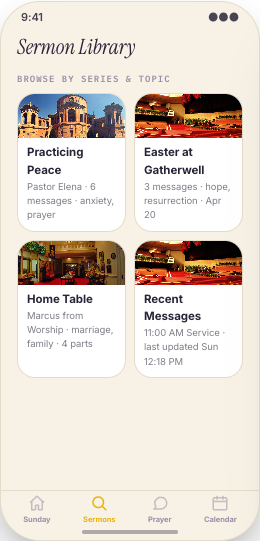 Church & Ministry prototype screen showing Sermon Library