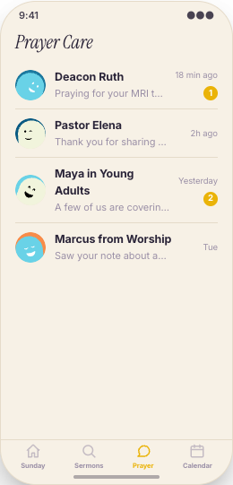 Church & Ministry prototype screen showing Now Playing