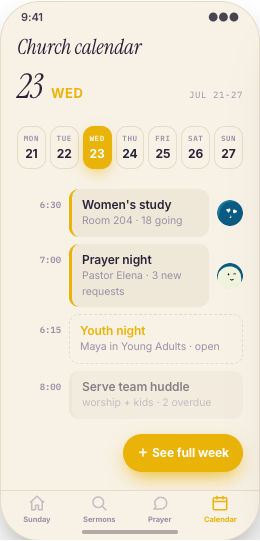 Church & Ministry prototype screen showing Prayer Care